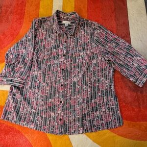 CJ Banks Rose Pattern Button Down Shirt, Women's 2XL Black Gray Pink